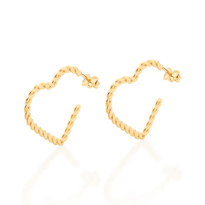 Brincos | JOIA BANHADA OURO 18K | BRINCO MEIA ARGOLA CORAÇÃO TORCIDO BANHADO A OURO 18K - Rommanel