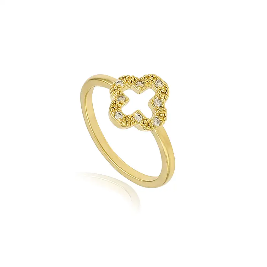 Anel Infantil Falange Trevo 4 Folhas Van Cleef Zircônias Folheado a Ouro 18k