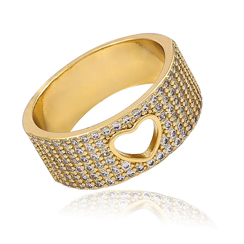 Anel Largo Coração Vazado Cravejado com Micro Zircônias Folheado Ouro 18k