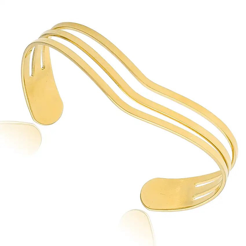 Bracelete Aberto Formato V Liso 3 Fios Folheado a Ouro 18k