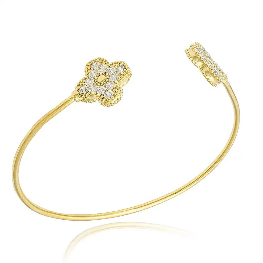 Bracelete Aberto Trevo 4 Folhas Van Cleef Zircônias Folheado a Ouro 18k